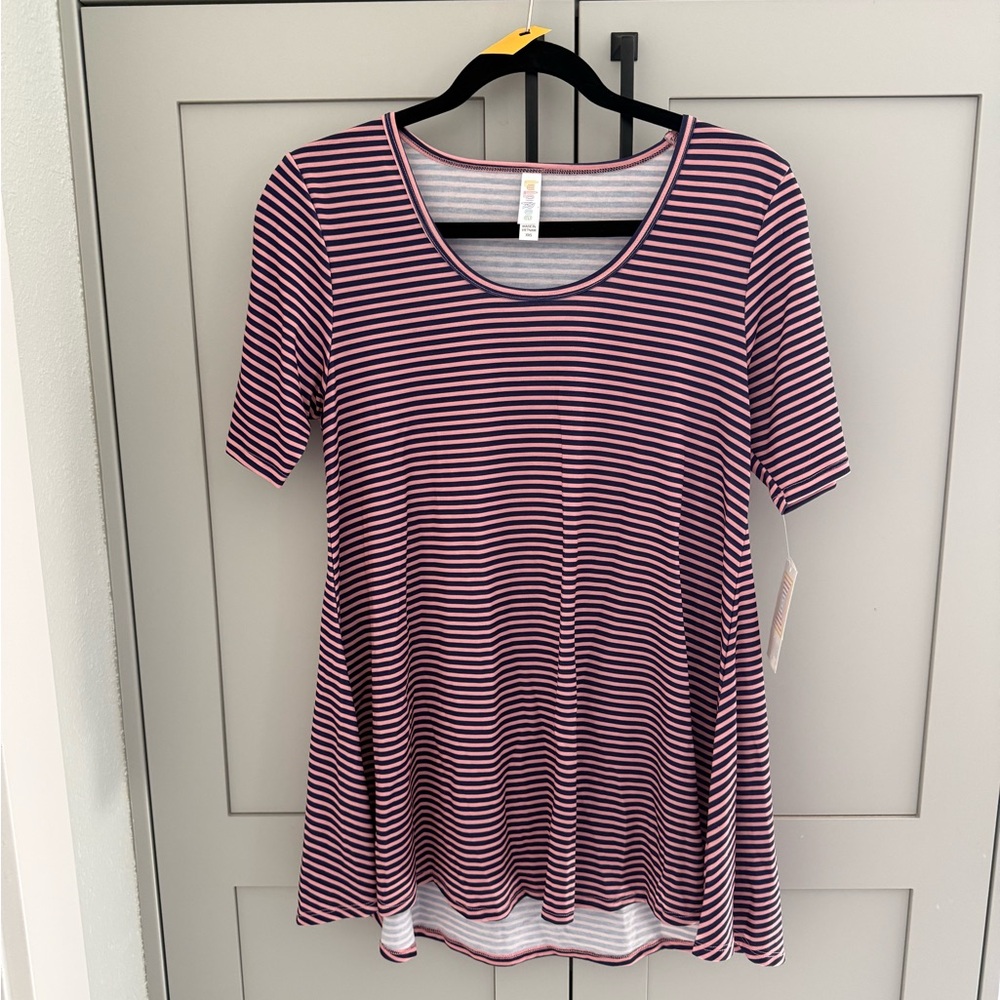 LuLaRoe Perfect T (Burgundy and White Striped Short Sleeve Top)